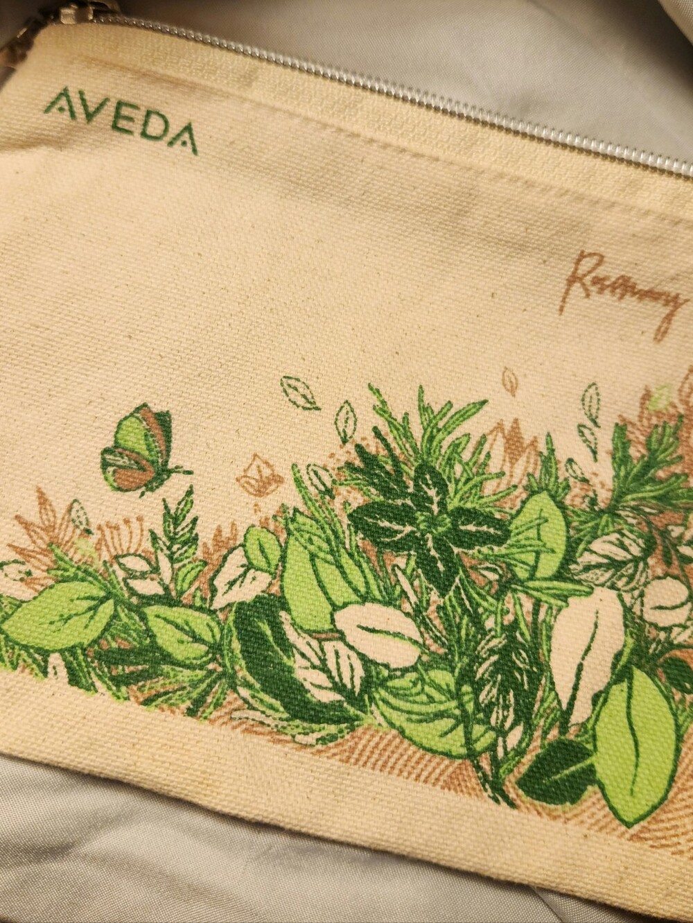 AVEDA Rosemary Mint Cream Canvas Cosmetic Pouch with Green Botanical Print